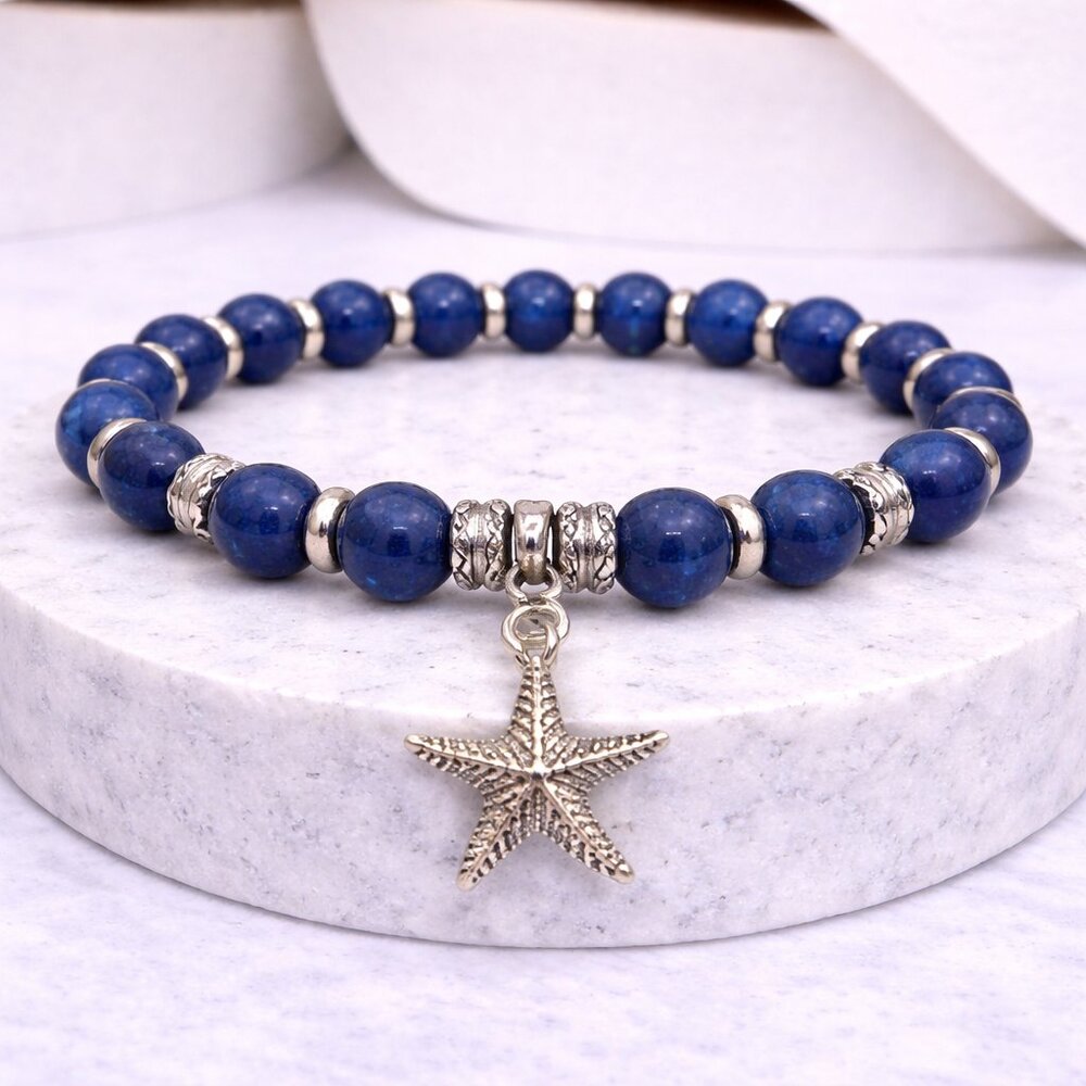 Lapis Lazuli Stone Starfish Charm 8mm Beads Stretch Bracelet Crystal Jewelry